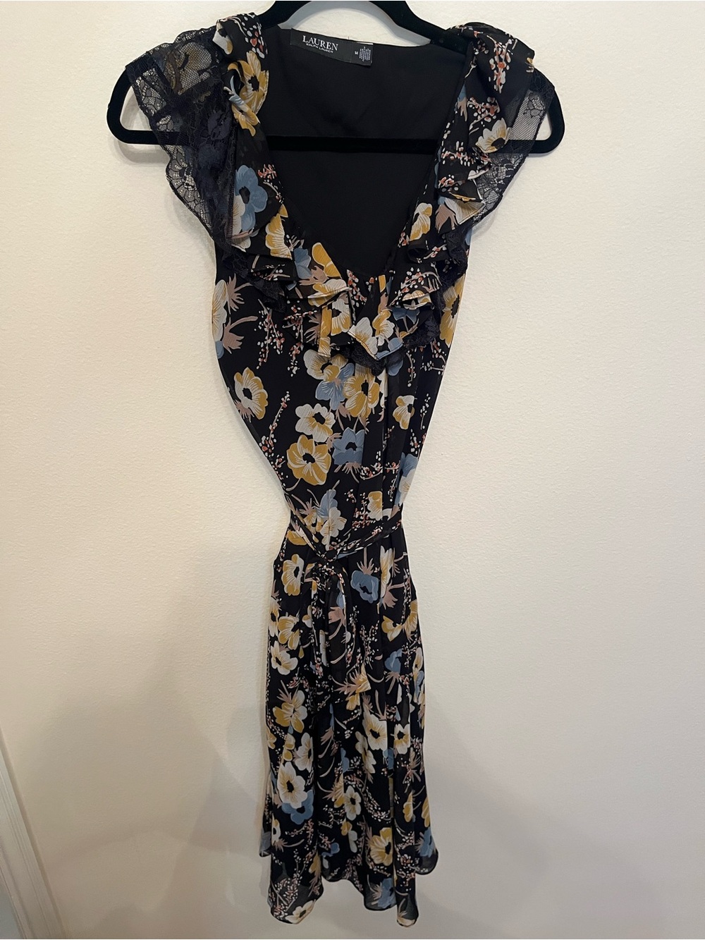 Lauren Ralph Lauren Black Floral Ruffle & Lace Belted Midi Dress